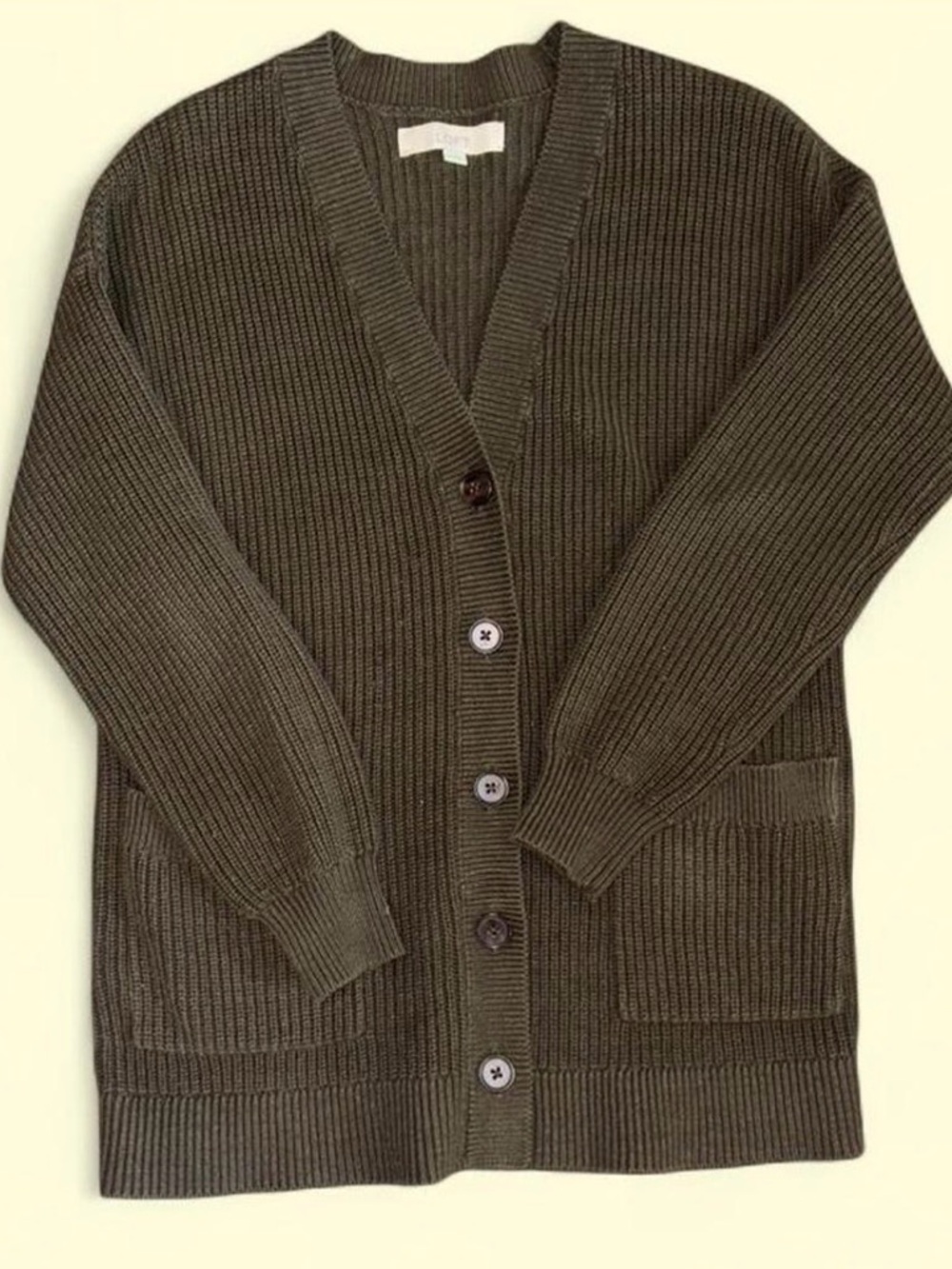 LOFT Olive Green Ribbed Button-Front Cardigan